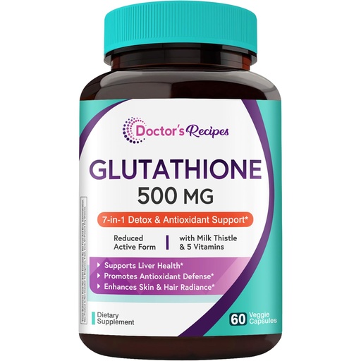 [BRSRABD3DMGRAFLA] Doctor's Recipes Glutathione 500 mg, Active Reduced Form GSH, with Milk Thistle Extract, Vitamin C, B6, Liver & Immune Support Glutathione Supplement, 60 Vegan Capsules, Non GMO
