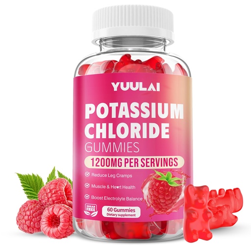 [BRSREEIEOV6AK2TP] Potassium Gummies, Potassium Chloride Gummies 1200mg for Adults, Sugar-Free Potassium Supplement Support Leg Cramps & Electrolyte Balance, Raspberry Flavor, 60 Count