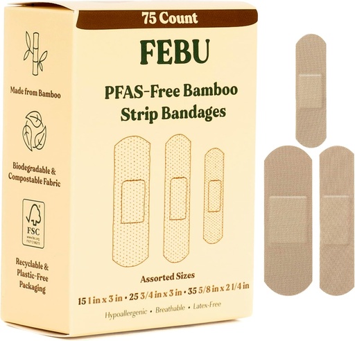 [BRSWYCAHCEPBAADB] FEBU Eco-Friendly Bamboo Fabric Bandages | PFAS Free Flexible Fabric Bandages | Natural Hypoallergenic Bandage for Scrapes, Cuts & First Aid | Fully Compostable, Latex Free Bandage | 75 Count Strip