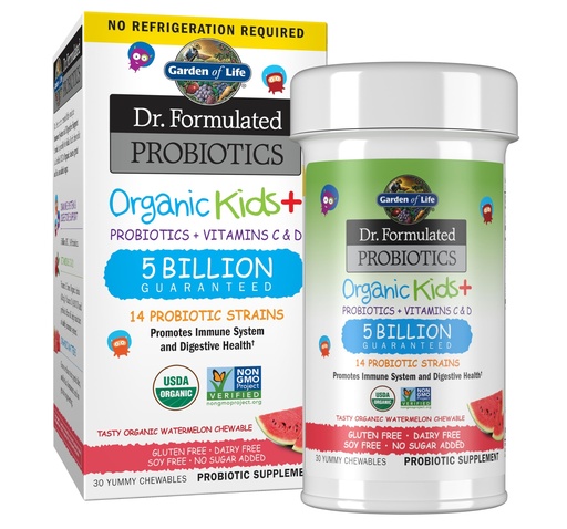[BRSWGZATCIPWCDTZ] Garden of Life Dr. Formulated Probiotics Organic Kids+ plus Vitamin C & D - Watermelon - Gluten, Dairy & Soy Free Immune & Digestive Health Supplement, No Added Sugar, 30 Chewables (Shelf Stable)