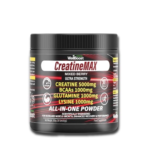 [BRSRAGLQA54AOFLG] WellBoost CreatineMAX Powder - 5000mg Creatine Monohydrate, 1000mg BCAAs, Glutamine, Lysine per Serving - Sugar Free, Mixed Berry Flavour - Lean Muscle, Recovery & Endurance (300g, 1 Month Supply)