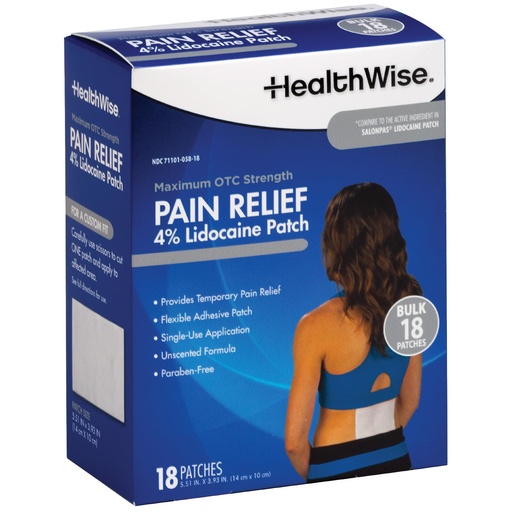 [BRSREFQQAAAR6HI7] HealthWise Lidocaine Pain Patch | 4% OTC Lidocaine | 18-Count | Paraben-Free Formula | Temporarily Soothes Minor Aches and Pains | Unscented | Flexible Application