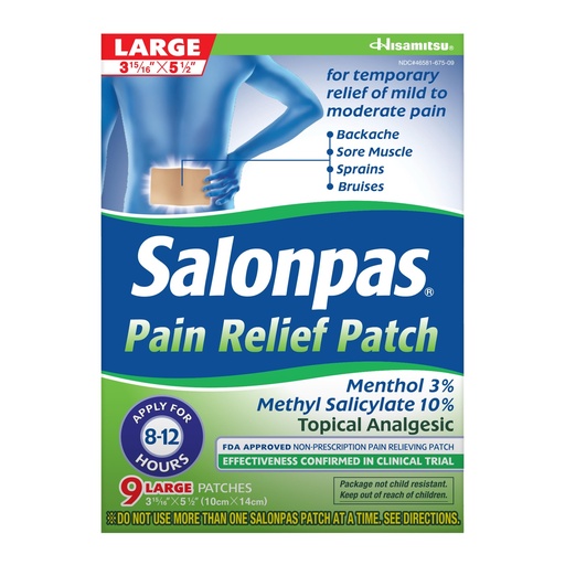 [BRSWGFARCVYQE2YU] Salonpas Pain Relief Patch, 9 Count Large (Pack of 1), Up to 12 Hours Temporary Relief of Mild to Moderate Pain, Backache, Sore Muscle, Sprains, Bruises