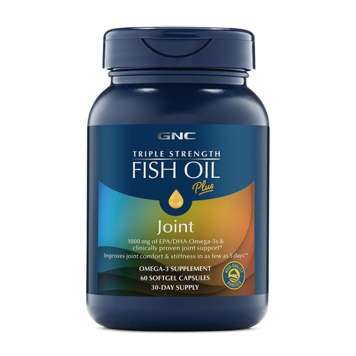 [BRSWGZY2AAPWYFD3] GNC Triple Strength Fish Oil Plus Joint Omega 3, 1000mg EPA and DHA, Heart Health, Plus Fast 5 Day Comfort, Brain, Skin, and Eye, Antioxidants and Botanical Extracts, Control Fish Burps, 30 Servings