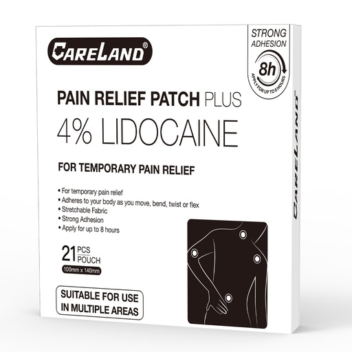 [BRSREBILCEBGE3LG] CARELAND 4% Lidocaine Patches Maximum Strength, 21 Count (10cm x 14cm) - OTC Pain Relief Patches with Stronger Adhesion for Back, Shoulder, Knee, Large Size