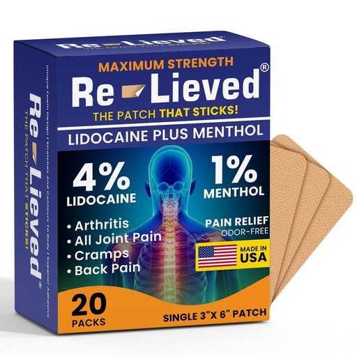 [BRSROHT6DF4GY3DZ] Re-lieved 4% Lidocaine & 1% Menthol Pain Relief Patches - Maximum Strength Medicated Patches for Joint & Muscle Ache - Stick-on Fast-Acting Pain Relief - Aluminum-Free, Made in the USA - 20 PCS