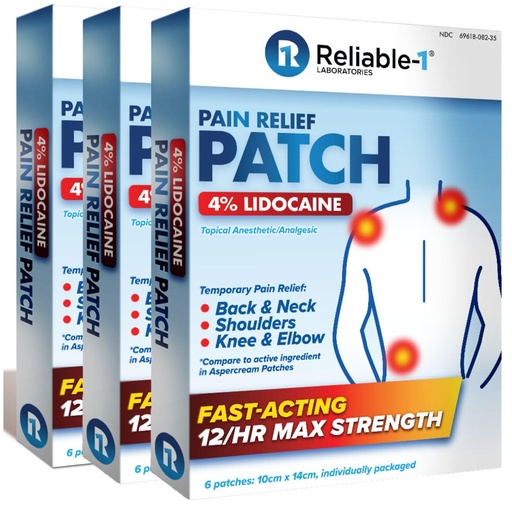 [BRSREYYLCANA2YL4] Reliable-1 Laboratories Fast Acting 4% Lidocaine Pain Relief Patches (Maximum Strength, 12 Hours of Relief) Temporary Pain Relief for Back, Neck Shoulders, Knees & Elbows - 3 Pack, 6 Patches Each