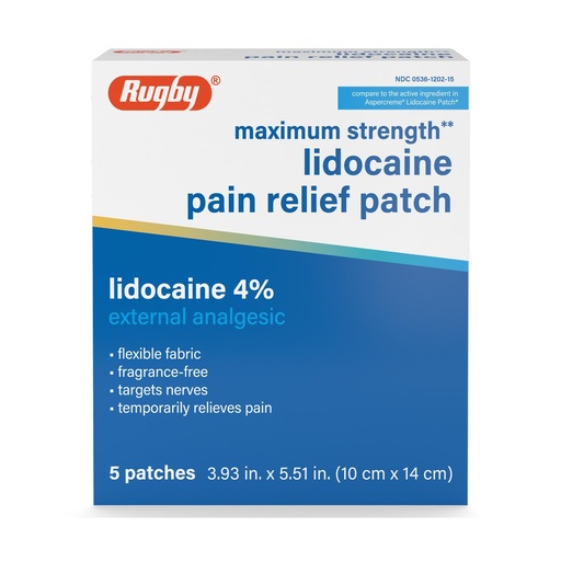 [BRSWYHY5B4NBGCIU] Rugby Maximum Strength 4% Lidocaine Pain Relief Patch - Topical Anesthetic Patches, Flexible, Odor Free, Single Use - 5 Count