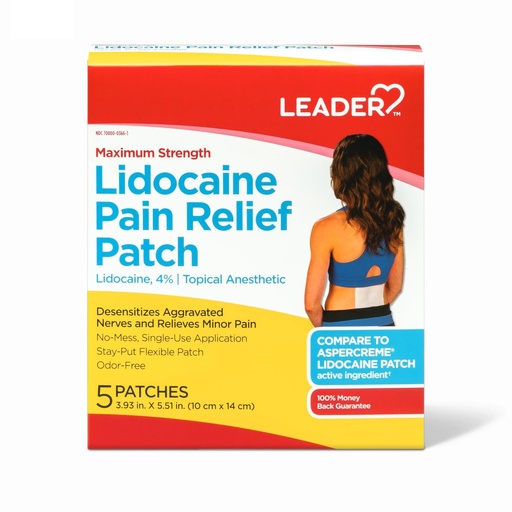 [BRSWYYIYOBYQMCYV] Leader Maximum Strength Lidocaine 4% Pain Relief, Fast-Acting, Targeted Relief for Back, Neck, Shoulders, Knees, Elbows, Minor Skin Irritation, Odor-Free, 5 Patches