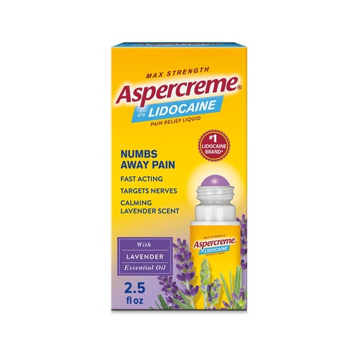 [BRSWYY34BN5W22TD] Aspercreme Essential Oils Lidocaine Pain Relief with No-Mess Roll-On Applicator, Max-Strength Lidocaine Numbs Away Nerve Pain, Moisturizing Aloe Hydrates Skin, Lavender, 2.5 Oz.