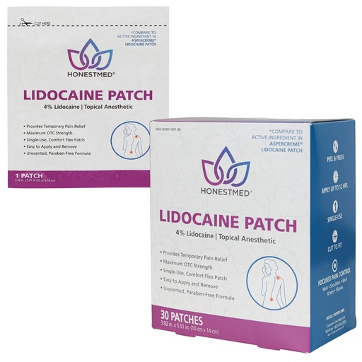 [BRSRE2QNDIIWYHT2] HONESTMED Maximum Strength OTC Pain Relief Patch - 4% Lidocaine Patches for Back, Knee, Neck, Joints & Muscle Soreness, Unscented - 3.9” x 5.5”, Individually Packaged Single Use, 60 Count Box