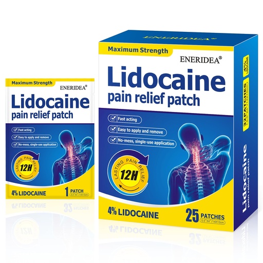 [BRSRE2Y6BUOWEA3D] 4% Lidocaine Patches, 25 Count Maximum Strength Pain Relief Patch for Muscle Relief in Neck Knee Back and Shoulders, 12 Hour Long Lasting Relief Pains (25 Count)