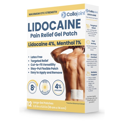 [BRSRECQBAQMQK3LJ] 4% Lidocaine Pain Relief Patches with Menthol & Arnica - Maximum Strength Large 4x6 inch Hydrogel Patch for Back, Muscle, Joint & Arthritis Pain - Long Lasting - 12 Count