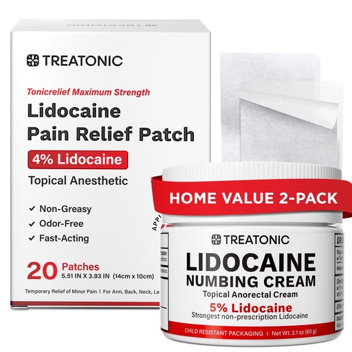 [BRSRGZIHAF6GY2QY] Treatonic Lidocaine Numbing Cream & Patches Set: 5% Lidocaine Cream (2.1oz) + 4% Patches (20PCS) - Maximum Strength Topical Anesthetic for Pain Relief, Itching, Burning, Soreness, Hemorrhoid