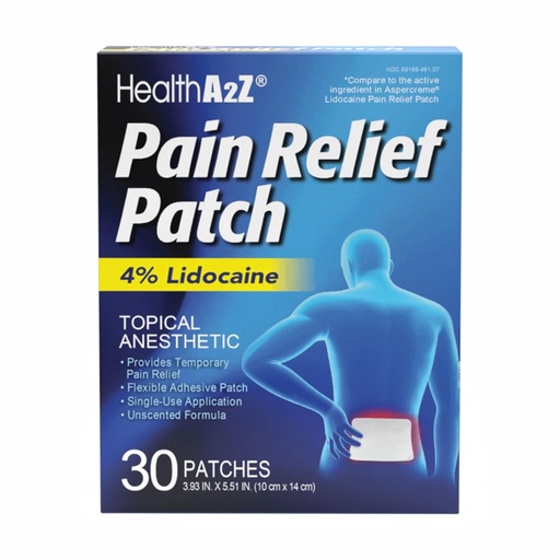 [BRSREGIBB4PQYCDF] HealthA2Z® Pain Relief Patch, Lidocaine 4%, Topical Anesthetic, Flexible Adhesive Patch, Unscented, Single Use, 30 Patches