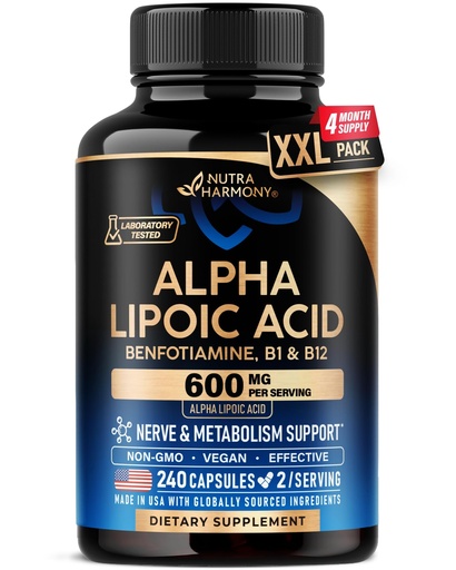 [BRSRAAYYAV6QIH3H] Alpha Lipoic Acid 600mg - ALA Supplement Antioxidant for Nerve, Energy & Metabolism Support - Extra Strength with Benfotiamine, B1 & B12 - Lab Tested, NON-GMO & Vegan - 240 Capsules, 4 Month Supply