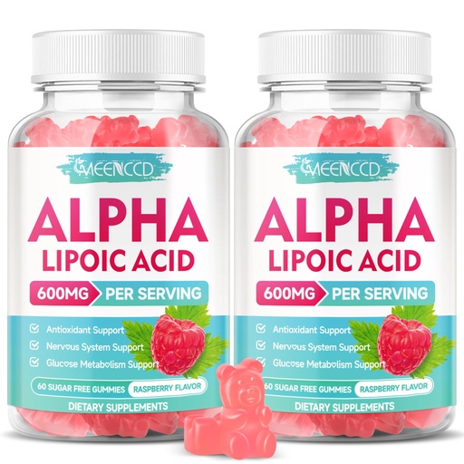 [BRSREAQPOIJR6CA2] MEENCCD 2 Pack Alpha Lipoic Acid Gummies 600mg - ALA Supplement for Antioxidant Support, Vegan, Sugar-Free, Raspberry Flavor, 120 Count