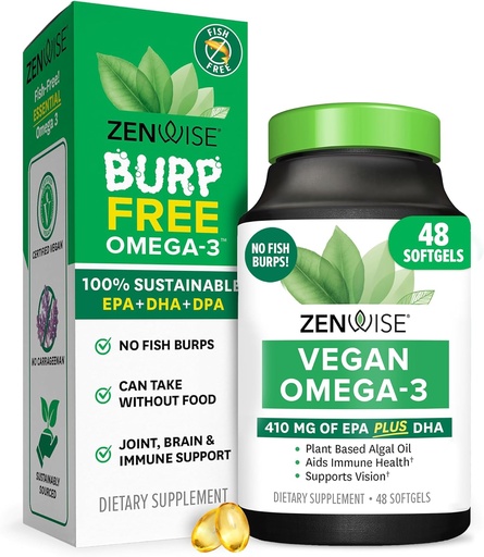 [BRSROHYDBYNRGAI6] Zenwise Health Vegan Omega 3 Supplement - Burpless Omega 3 Supplement with DHA, EPA & DPA Fatty Acids for Immune Health - Fish Oil Alternative from Sustainable Sourced Marine Algae Oil - 48 Softgels