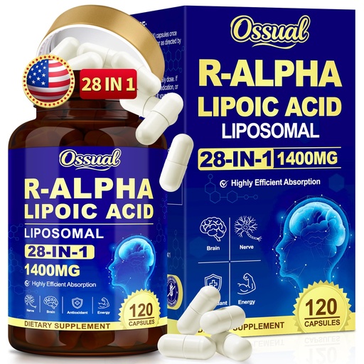 [BRSRGHT6CUHGA2D2] R Alpha Lipoic Acid 1400mg Neuropathy Supplements, 28-in-1 Stabilized ALA Supplements with L-Carnitine, NAC & Benfotiamine, R-ALA Supplement Antioxidant for Nerve, Brain, Energy丨Vegan, 120 Capsules