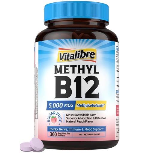 [BRSREGARCMFGGE3H] Vitalibre Vitamin B12 5000 mcg, Sublingual Methylcobalamin, Natural Peach Flavor, Nervous System Health, Energy Support, No Sugar, 300 Fast Dissolve Tablets