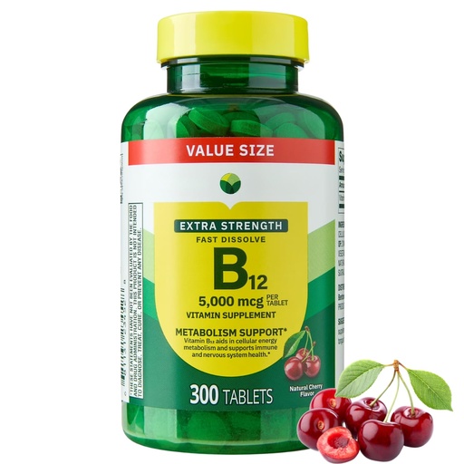 [BRSRGZIHDMIWCCY4] Extra Strength Vitamin B12 Fast-Dissolve Tablets 5,000 mcg - Cherry Flavor, 300 Count - Daily B12 Supplement (Pack of 1)