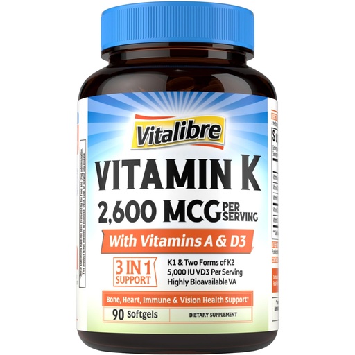 [BRSREGT5DMFWGH3Z] Vitalibre Vitamin K Complex, 2600 mcg K1 & K2 (MK-7 & MK-4), with Vitamin A & D3 5000 IU, Bioavailable, Full Spectrum, for Bone Strength and Heart Health, 90 Softgels