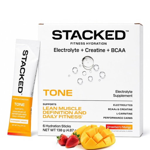 [BRSRGAYBCJYRSC33] Electrolyte & Creatine + BCAA Packets | Supports Hydration & Muscle Recovery + Vitamin Blend & L-Carnitine | Natural Flavors Strawberry Mango (6 Pack) Stacked Hydration