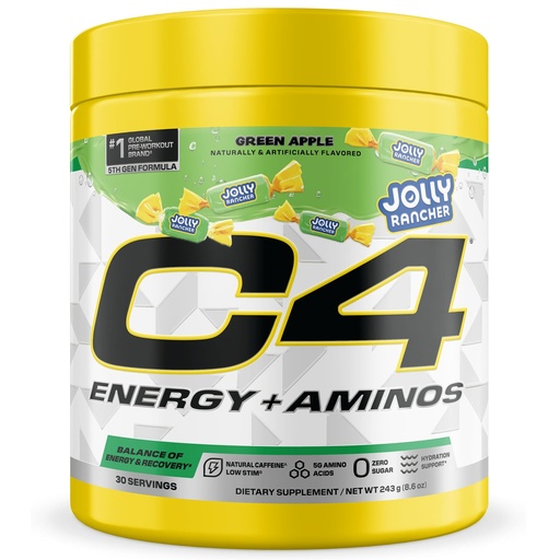 [BRSREYI3BAOWCHQ2] C4 Energy + Aminos Powder Jolly Rancher Green Apple, 5g BCAAs & EAAs for Muscle Recovery, 3 Electrolytes for Hydration, 100mg Natural Caffeine, Pre Workout, Zero Sugar, 30 Servings