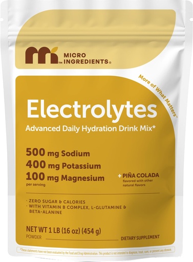 [BRSRGGA7OIBQG23A] Micro Ingredients Electrolytes Powder, 1 lb | 47 Servings | Sugar Free Workout Hydration | Potassium, Sodium, L-Glutamine, Beta-Alanine, & More | Natural Coconut Water | Pineapple Piña Colada Flavor