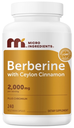 [BRSRGGILCMARSHT3] Micro Ingredients Berberine with Ceylon Cinnamon 2,000 mg Per Serving, 240 Vegetarian Capsules | Berberine Supplement with Chromium Picolinate & Ceylon Cinnamon | Non-GMO