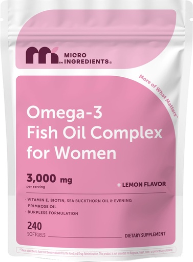 [BRSRGFABO4BGKGTK] Micro Ingredients Omega-3 Fish Oil Complex for Women, 240 Softgels | EPA DHA + Omega-7 | with Vitamin E, Evening Primrose Oil, Biotin, Sea Buckthorn Oil | Lemon Flavor | Non-GMO, Gluten Free