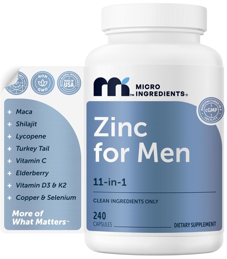 [BRSRGHD4AUHQ2CYU] Micro Ingredients Zinc for Men 50 mg Per Serving, 240 Capsules | 11-in-1 Chelated Zinc Picolinate with Shilajit, Maca, Lycopene, Vitamin C, D3K2, Selenium & Copper | Filler Free & Gluten Free Non-GMO