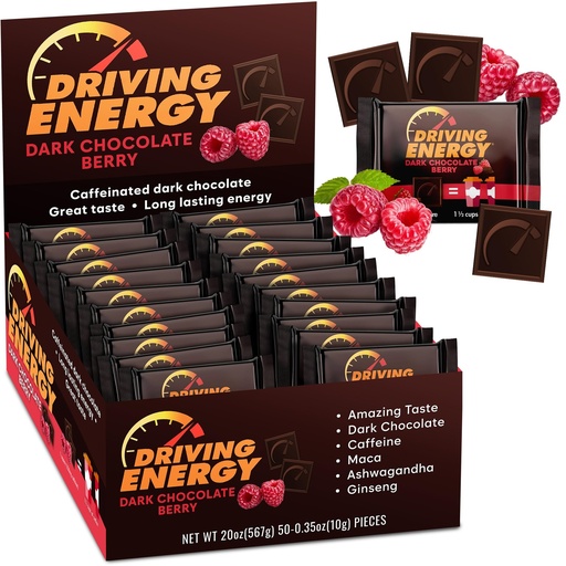 [BRSRMBT3PMBRY2Y2] Driving Energy - Caffeinated Energy Bite Size - Dark Chocolate Berry Fuel with 150mg Caffeine - Long-Lasting for Gym, Workout, Adults - Great Taste - Low Carb - Healthy Snack - 50 Count