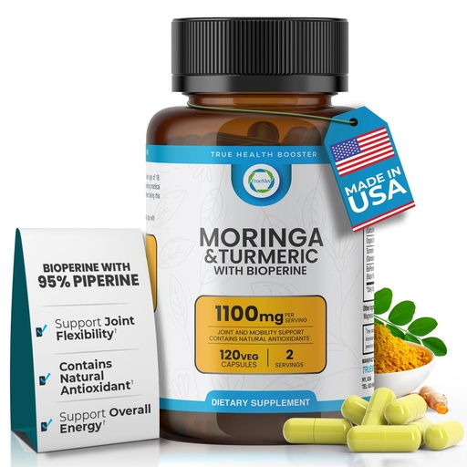 [BRSROHD4CQGQAEI4] Moringa & Turmeric with BioPerine 10mg 95% Piperine – 1100 MG Joint Support Supplement with 95% Curcuminoids, 120 Vegan Capsules, USA-Made, GMP & UL-Certified