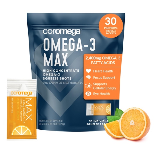 [BRSWGZLYAF6W23TP] Coromega MAX 2400mg Omega-3 Fish Oil + Vitamin D Squeeze Packets, Wild-Caught, No Fishy Taste - 3X Better Absorption Than Softgels, Supports Brain & Heart Health (30 Servings,Citrus Burst)
