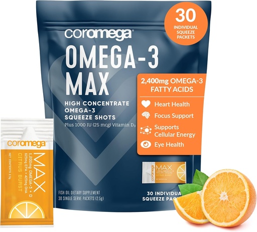 [BRSWGZLYAF6W23TP] Coromega MAX 2400mg Omega-3 Fish Oil + Vitamin D Squeeze Packets, Wild-Caught, No Fishy Taste - 3X Better Absorption Than Softgels, Supports Brain &apos; Heart Health (30 Servings, Citrus Burst)