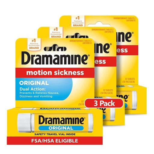[BRSWGHD6OJ5QGGTX] Dramamine Motion Sickness Original, for Nausea Relief During Travel, 12 Count, Pack of 3