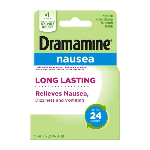 [BRSRAYL3OBYWYALF] Dramamine Nausea Relief, with Meclizine HCl for Long-Lasting Relief of Nausea, Vomiting & Dizziness, 20 Tablets
