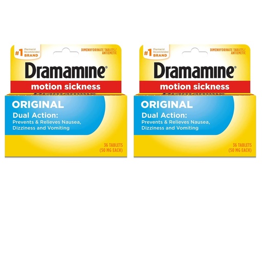 [BRSWKFD7OIIWE2L6] Dramamine Motion Sickness Relief, Original Formula, Dual Action Tablets, Prevents and Relieves Nausea Dizziness and Vomiting, 50 mg, 36 Count (Pack of 2)