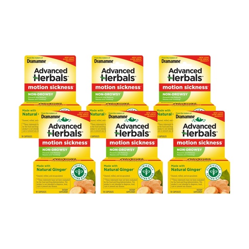 [BRSWGHQKDICGKEQZ] Dramamine Advanced Herbals Motion Sickness Relief, Non Drowsy, Natural Ginger Capsules, Prevents Nausea and Vomiting, Travel Sickness Relief, 18 Count (Pack of 6)