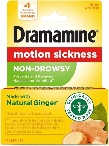 [BRSWGHQKDIHBSALK] Dramamine Advanced Herbals Motion Sickness Relief, Non Drowsy, Natural Ginger Capsules, Prevents Nausea and Vomiting, Travel Sickness Relief, 18 Count (Pack of 5)