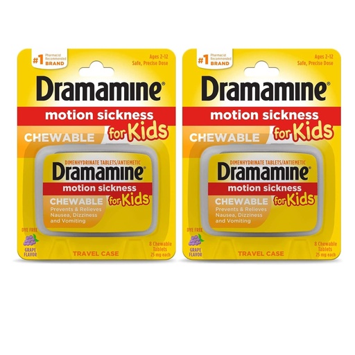 [BRSWKFAOOUHQIELG] Dramamine Motion Sickness Relief for Kids, Children’s Chewable Tablets, Grape Flavor, Prevents Nausea Dizziness Vomiting, Travel Case Included, Fast Acting, 8 Count (Pack of 2)