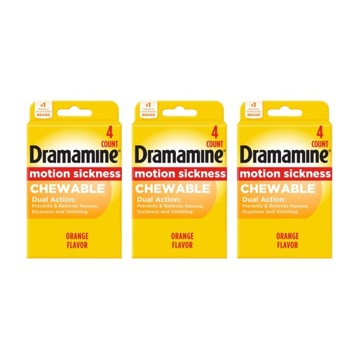 [BRSROZYQB4NQIF3D] Dramamine Motion Sickness Relief, Chewable, Prevents and Relieves Nausea, Dizziness & Vomiting, Orange Flavor, 4 Count (Travel & Trial Size) (Pack of 3)