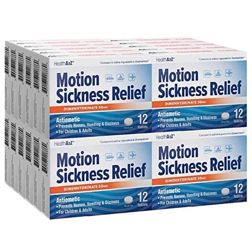 [BRSWYZT3PMIBQ233] HealthA2Z® Motion Sickness Relief | Dimenhydrinate 50mg | Antiemetic | Prevents Nausea, Vomiting & Dizziness | for Children & Adults | 24 Packs of 12 Tablets Each (288 Tablets Total) | Value Pack