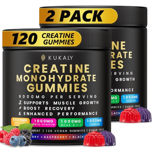 [BRSREGQLPIIQI2Q7] Creatine Monohydrate Gummies for Men & Women, 9000MG Creatine Gummies Sugar Free Mixed Flavored with L-Taurine, BCAA 2:1, B12 B6 for Boost Strength, Focus & Endurance, Vegan, Non-GMO, 2 Bottle