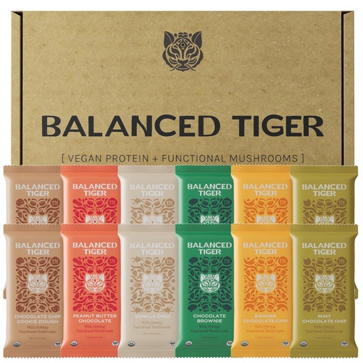 [BRSW2FAPBYMQEHTO] Balanced Tiger Vegan Protein Bars | Plant Based Protein Bars w/Functional Mushrooms - Lions Mane, Shitake, Reishi & Maitake | 12 Bars Variety Box