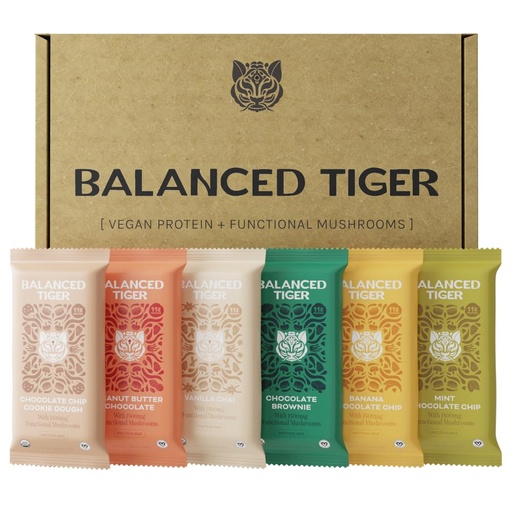 [BRSW2GQ7AB5Q42T2] Balanced Tiger Vegan Protein Bars | Plant Based Protein Bars w/Functional Mushrooms - Lions Mane, Shitake, Reishi & Maitake | 6 Bars Sampler Pack