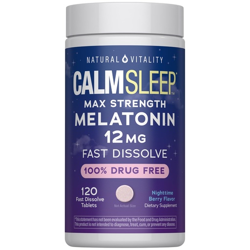 [BRSRE2QZPIMAEYLD] Natural Vitality Calm Sleep Melatonin 12mg Fast Dissolve Tablets | Max Strength Supplement | Nighttime Berry Flavor | 100% Drug Free | 120 Count