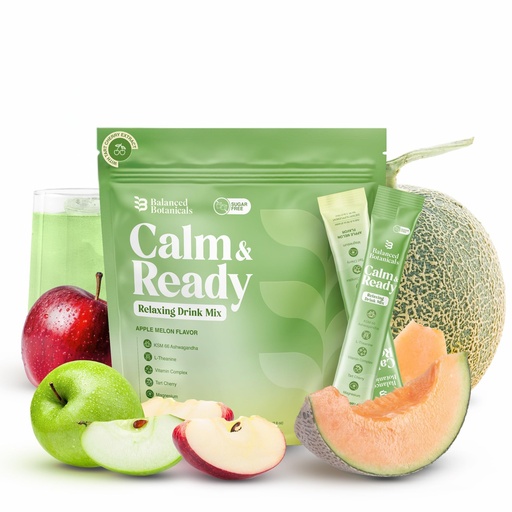 [BRSREHYOCQHAI33J] Calm and Ready Powder Mix, Cortisol Reducer*, Sleep & Relaxation Aid, Magnesium Glycinate, Ashwagandha KSM-66, L-Theanine, Tart Cherry, Sugar Free, 20 Packets, Apple Melon