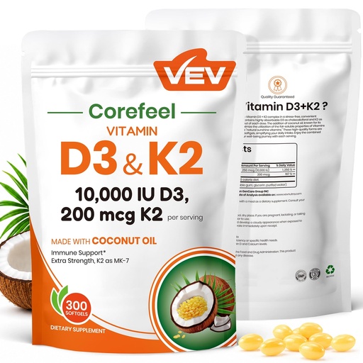 [BRSRYYAEOIDRO3DV] VEV Vitamin D3 K2 Softgels 10,000 IU & 200 mcg MK-7, Bone & Joint Support Supplement, Immune Support Formula with Coconut Oil, 300 Softgels